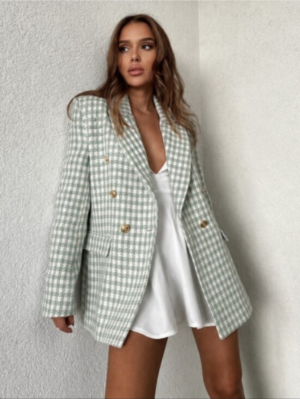 Zara Double Breasted Houndstooth Blazer Sea Green Size XS